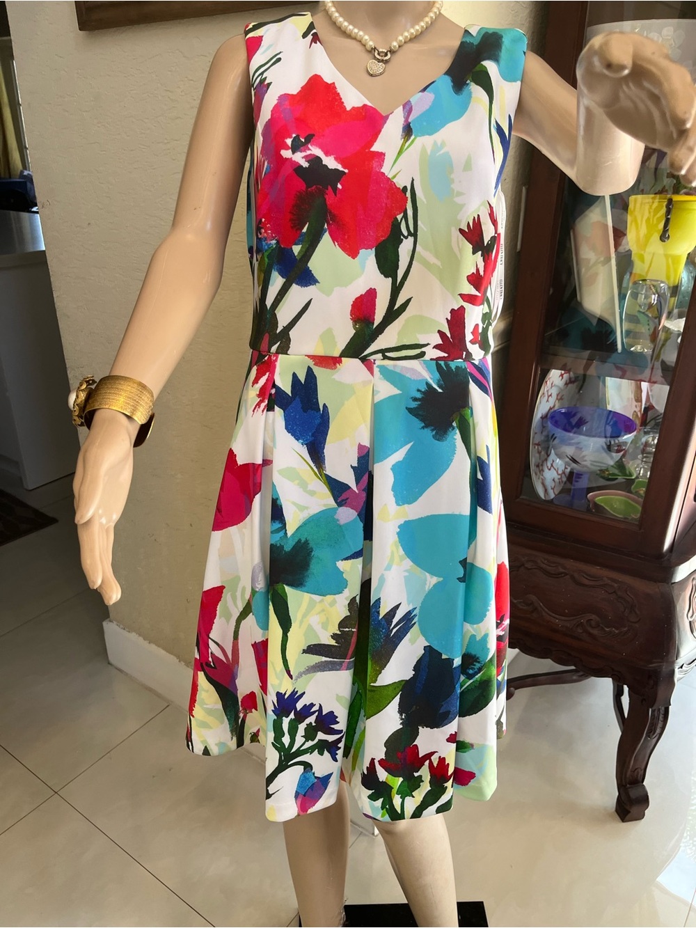 Ellen Tracy White Floral V-Neck Fit & Flare Dress with Multicolor Blooms